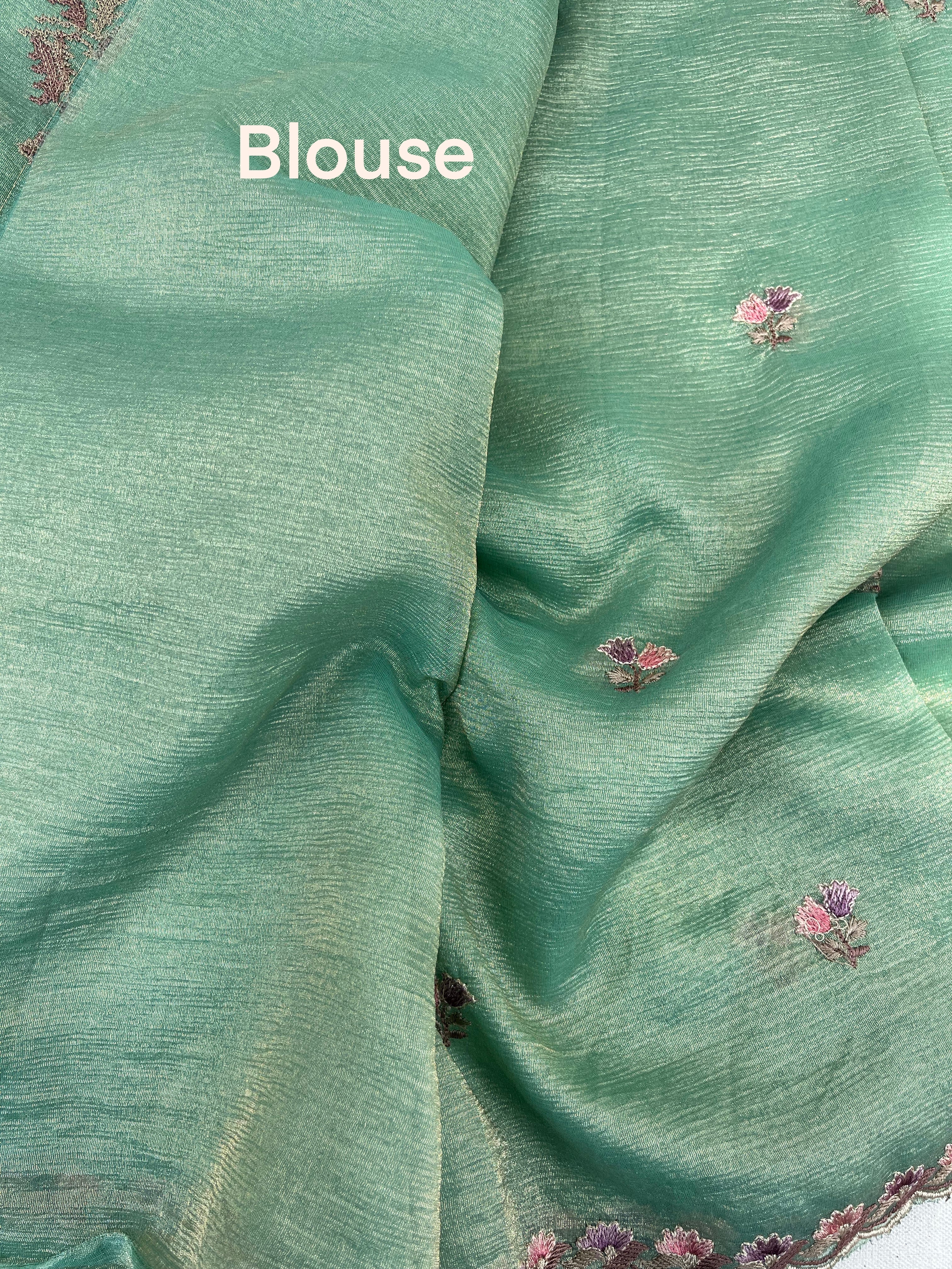 Turquoise Blue Floral Crushed Tissue Organza Saree